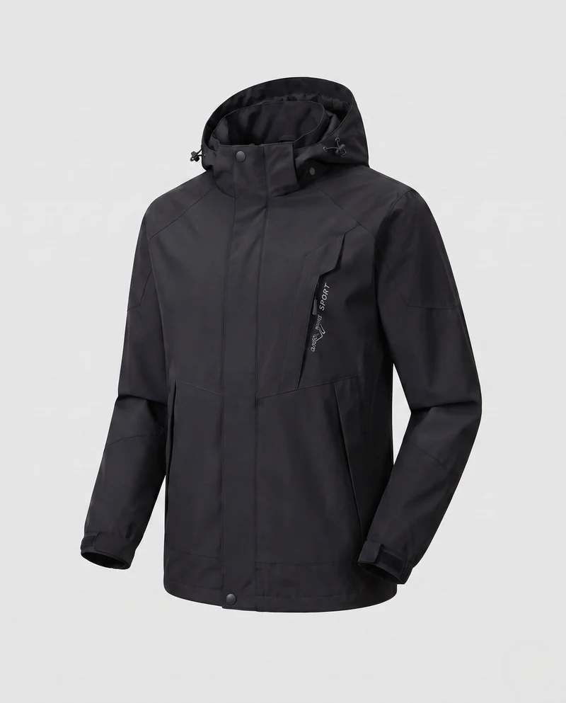 Herren ultraleichte packbare Hardshell-Jacke mit verstellbarer Kapuze, versiegelten Nähten und schrägem Brust-Reißverschluss