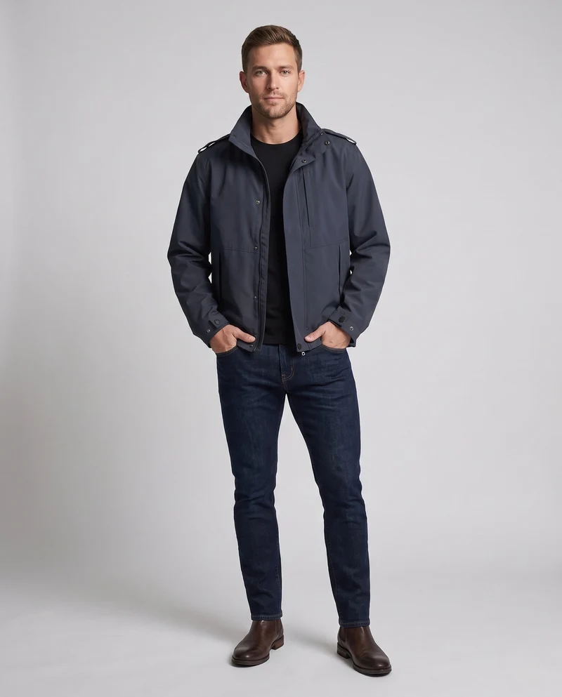 Herren urbane Funktionsjacke mit verdeckter Frontklappe, kontrastierender Paspelierung und verstellbarem Saum