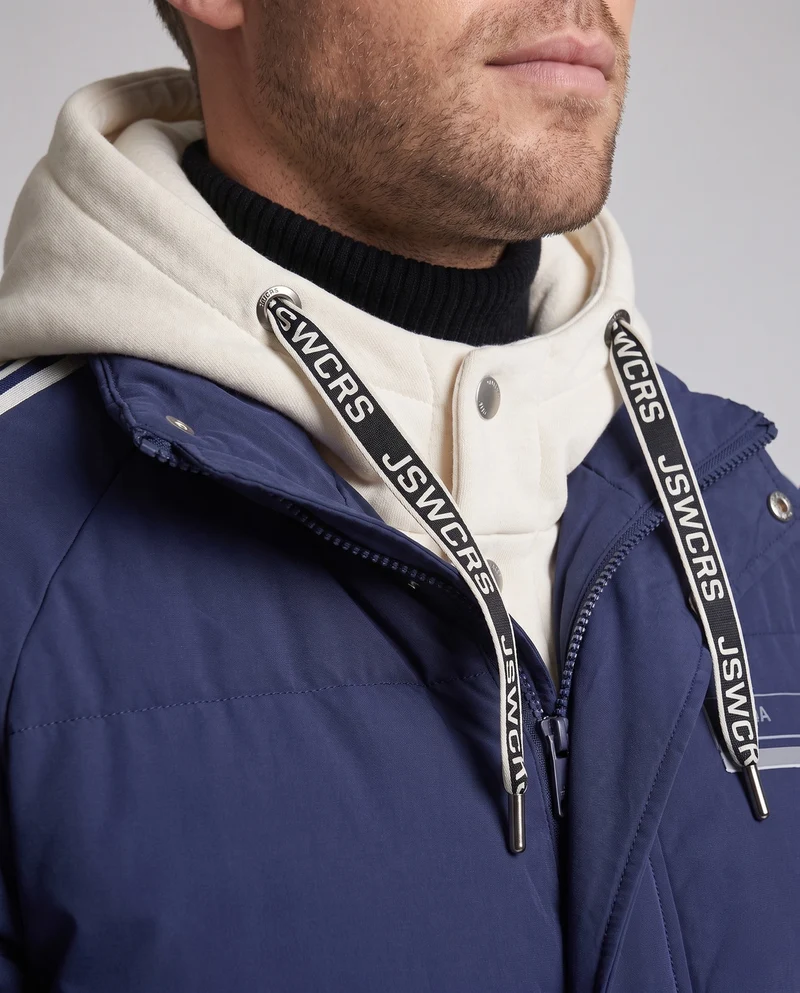 Herren urbane mehrschichtige Kapuzenparka mit Kordelzug, dekorativen Streifen und gepolsterter Füllung