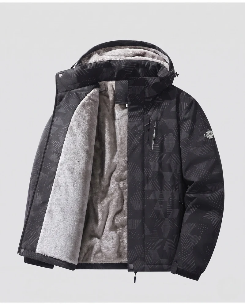 Herren wasserabweisende Outdoor-Jacke mit dichtem Plüschfutter, verstellbarer Kapuze und winddichter Vorderseite