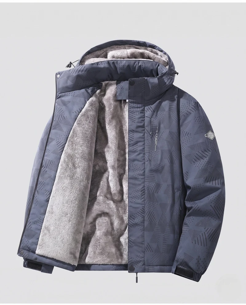Herren wasserabweisende Outdoor-Jacke mit dichtem Plüschfutter, verstellbarer Kapuze und winddichter Vorderseite