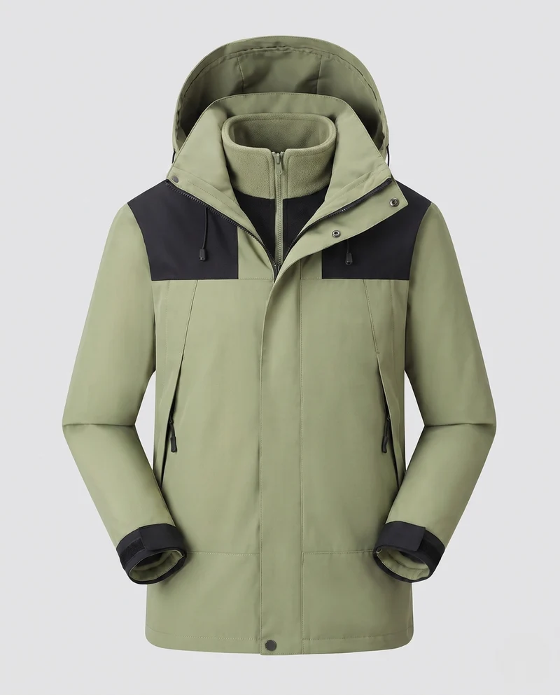 Herren wasserdichte mehrschichtige Softshell-Outdoormantel mit herausnehmbarer Fleece-Innenjacke und verstellbarer Kapuze