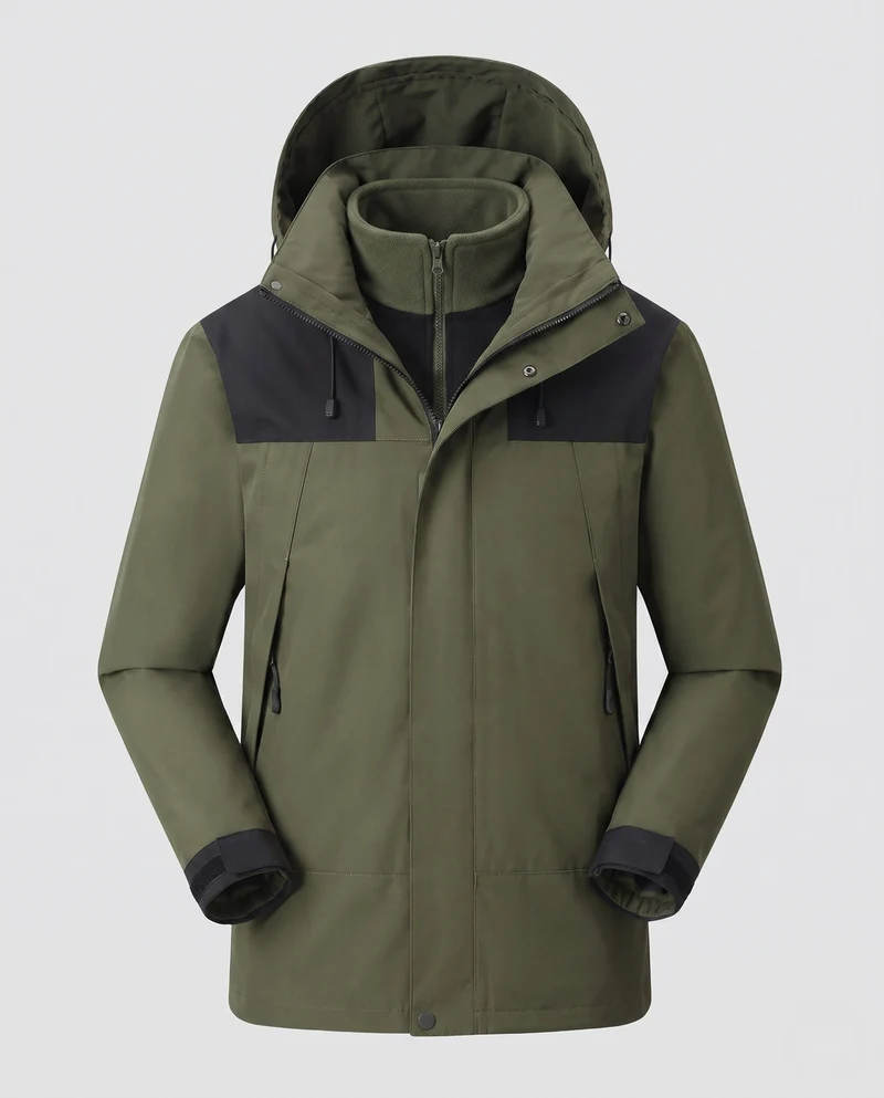 Herren wasserdichte mehrschichtige Softshell-Outdoormantel mit herausnehmbarer Fleece-Innenjacke und verstellbarer Kapuze
