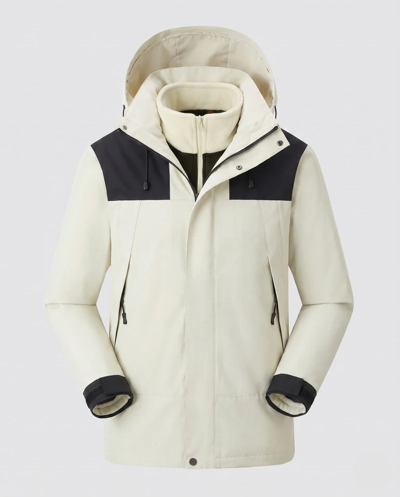 Herren wasserdichte mehrschichtige Softshell-Outdoormantel mit herausnehmbarer Fleece-Innenjacke und verstellbarer Kapuze