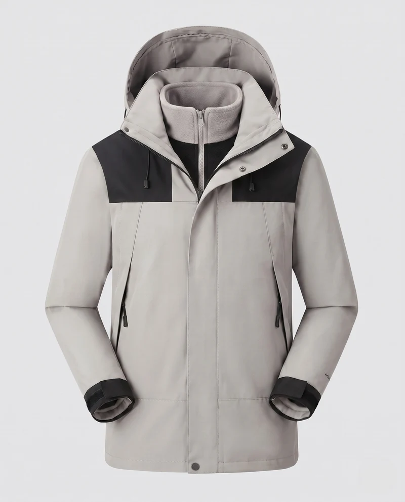 Herren wasserdichte mehrschichtige Softshell-Outdoormantel mit herausnehmbarer Fleece-Innenjacke und verstellbarer Kapuze