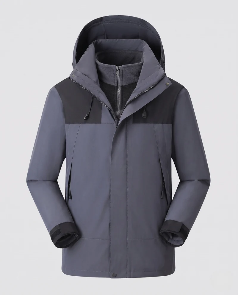 Herren wasserdichte mehrschichtige Softshell-Outdoormantel mit herausnehmbarer Fleece-Innenjacke und verstellbarer Kapuze