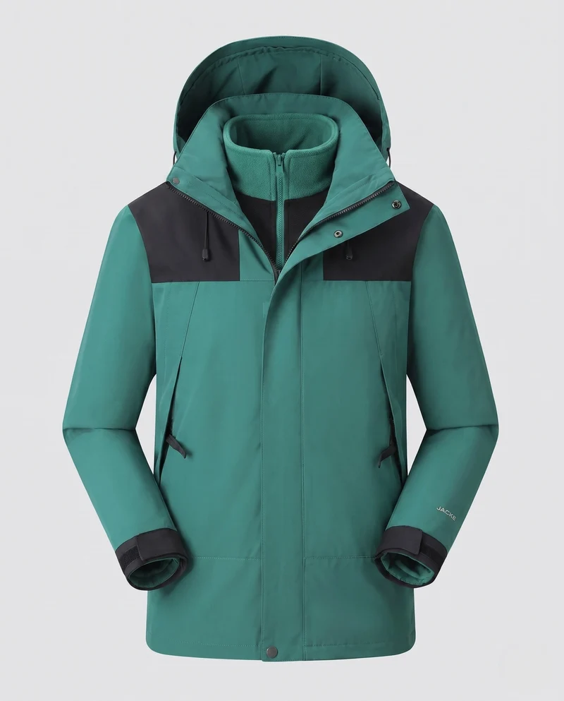 Herren wasserdichte mehrschichtige Softshell-Outdoormantel mit herausnehmbarer Fleece-Innenjacke und verstellbarer Kapuze