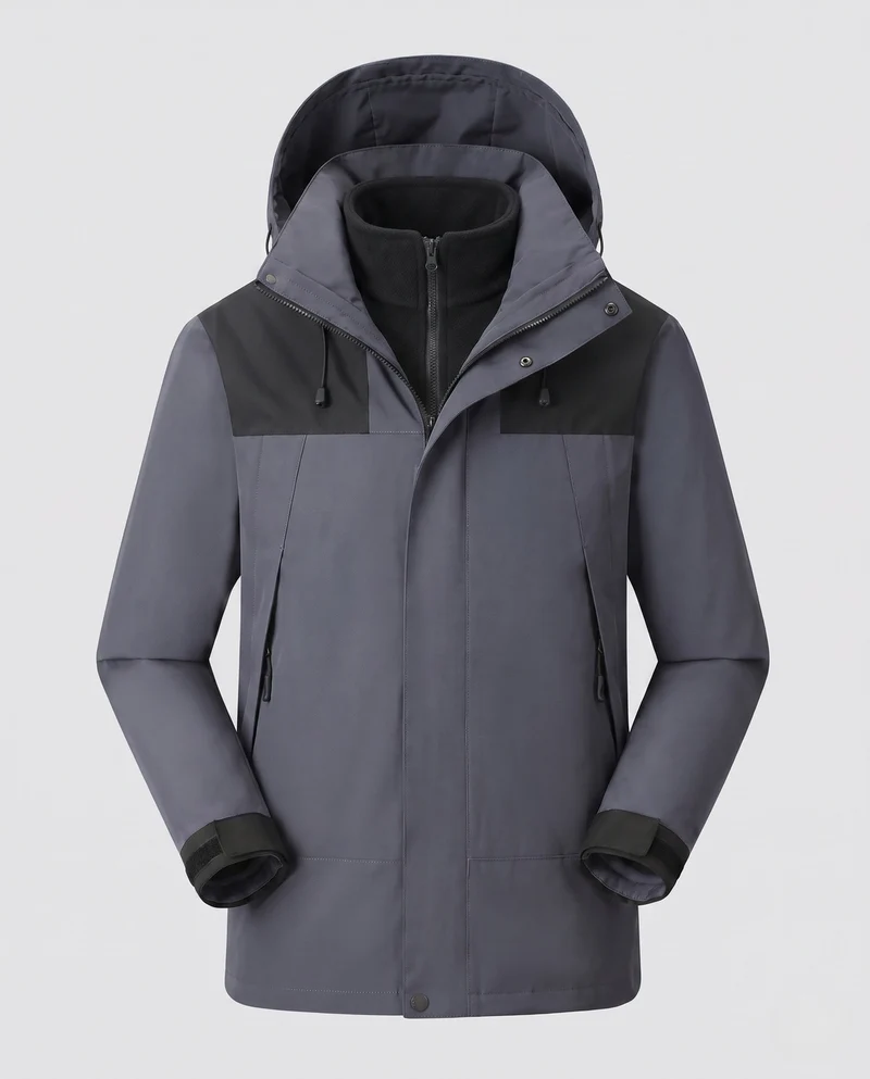 Herren wasserdichte mehrschichtige Softshell-Outdoormantel mit herausnehmbarer Fleece-Innenjacke und verstellbarer Kapuze