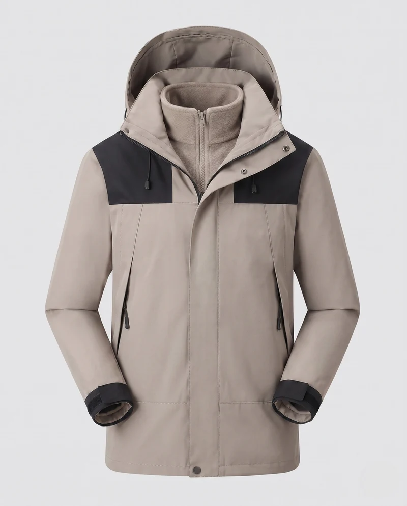 Herren wasserdichte mehrschichtige Softshell-Outdoormantel mit herausnehmbarer Fleece-Innenjacke und verstellbarer Kapuze