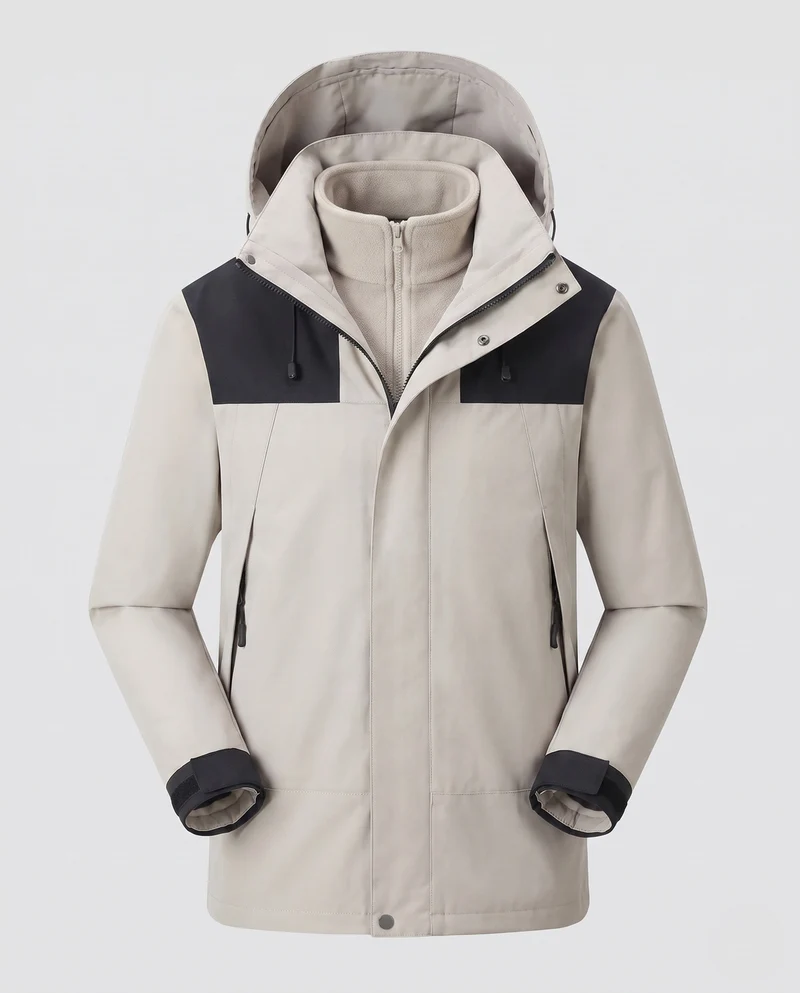 Herren wasserdichte mehrschichtige Softshell-Outdoormantel mit herausnehmbarer Fleece-Innenjacke und verstellbarer Kapuze