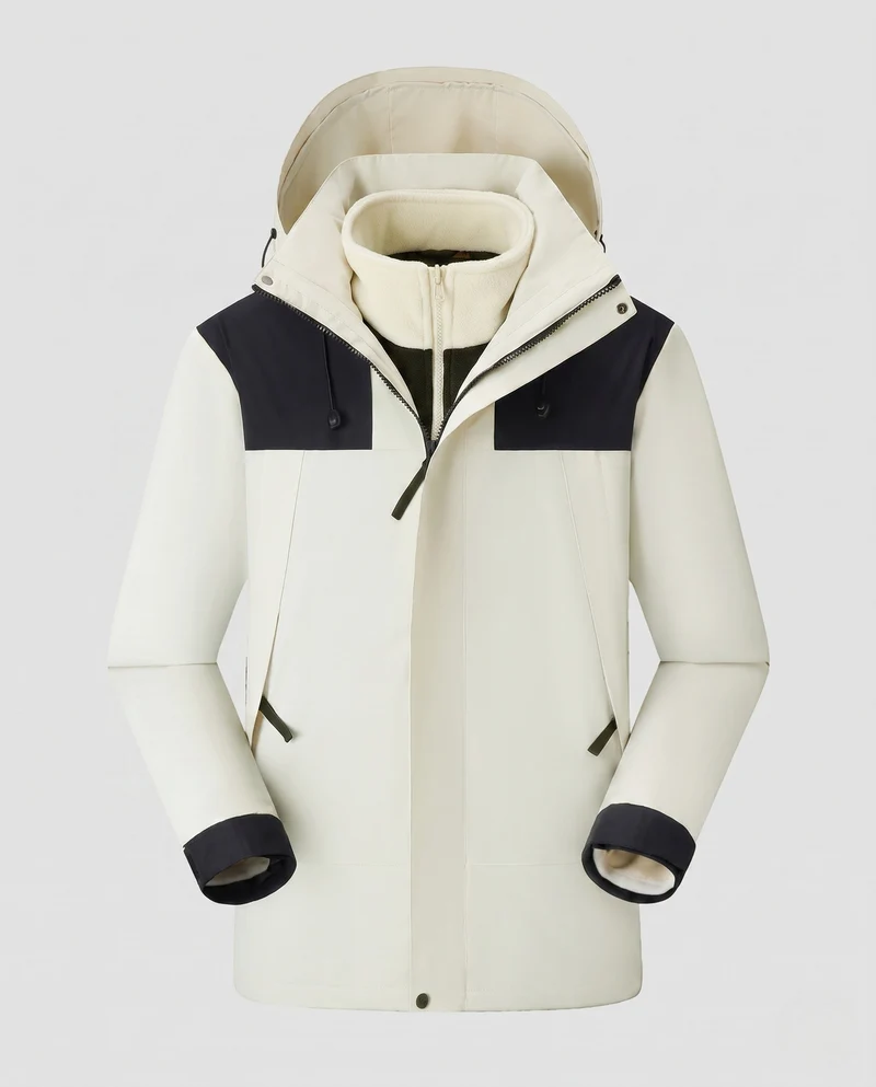 Herren wasserdichte mehrschichtige Softshell-Outdoormantel mit herausnehmbarer Fleece-Innenjacke und verstellbarer Kapuze