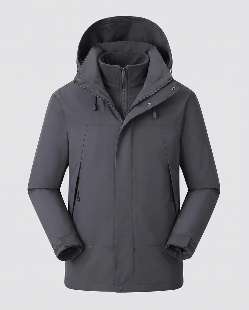 Herren wasserdichte mehrschichtige Softshell-Outdoormantel mit herausnehmbarer Fleece-Innenjacke und verstellbarer Kapuze