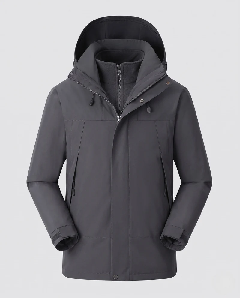 Herren wasserdichte mehrschichtige Softshell-Outdoormantel mit herausnehmbarer Fleece-Innenjacke und verstellbarer Kapuze