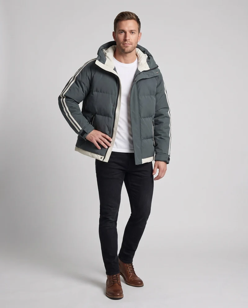 Männer gepolsterte Kapuzenwinterjacke mit sportlichen Seitenstreifen und winddichter Außenschale