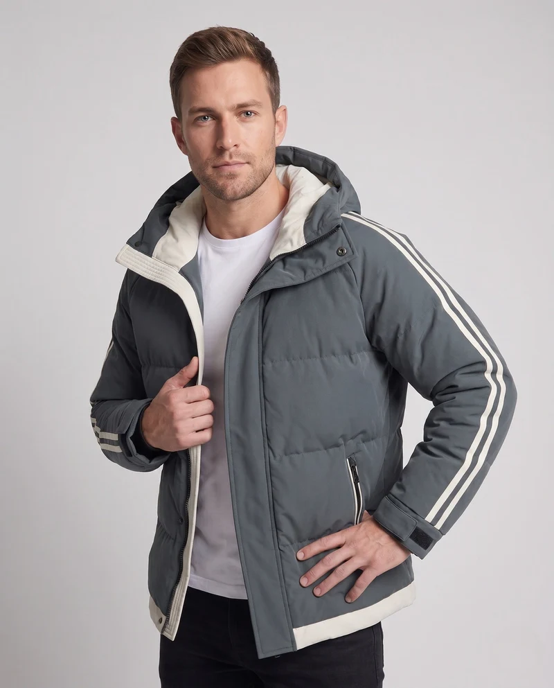 Männer gepolsterte Kapuzenwinterjacke mit sportlichen Seitenstreifen und winddichter Außenschale
