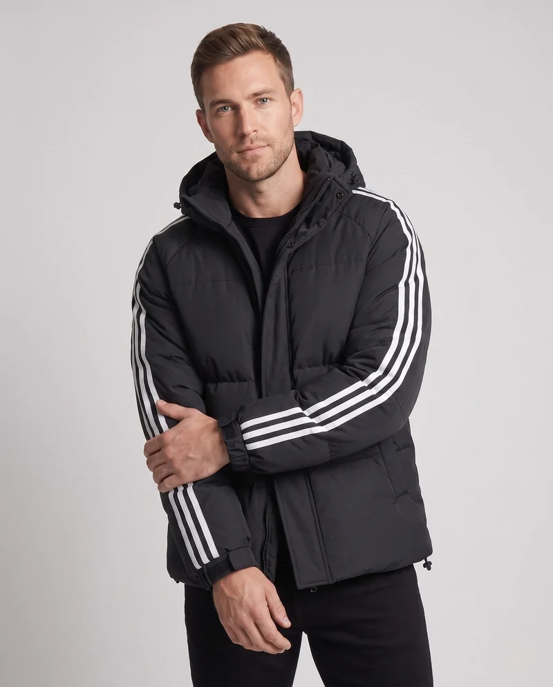 Herren gepolsterten Kapuzenjacke im sportlichen Streetwear-Look mit kontrastierenden Streifenärmeln und winddichter Außenschicht