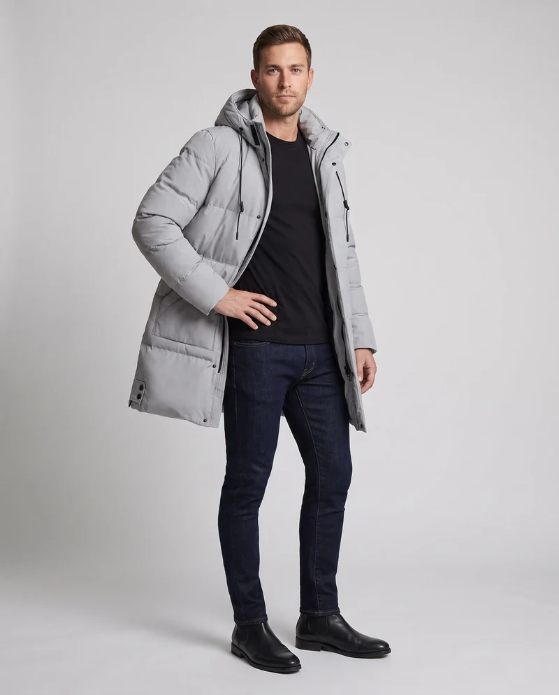 Herren winddichte thermische Parka mit verdeckter Frontlasche und Kordelzugkapuze
