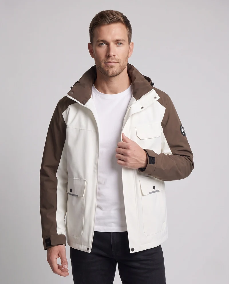 Männer zweifarbige funktionale Feldjacke mit verstellbarer Kapuze, Pattenaschen und winddichter Frontklappe