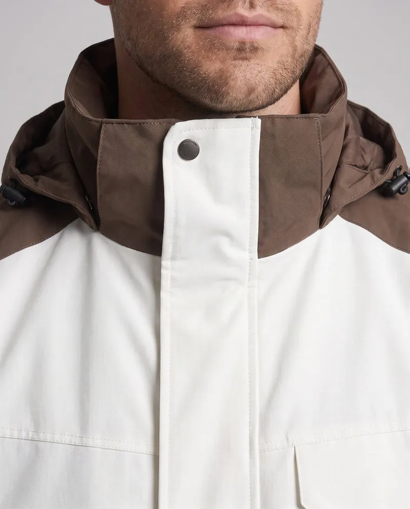 Männer zweifarbige funktionale Feldjacke mit verstellbarer Kapuze, Pattenaschen und winddichter Frontklappe