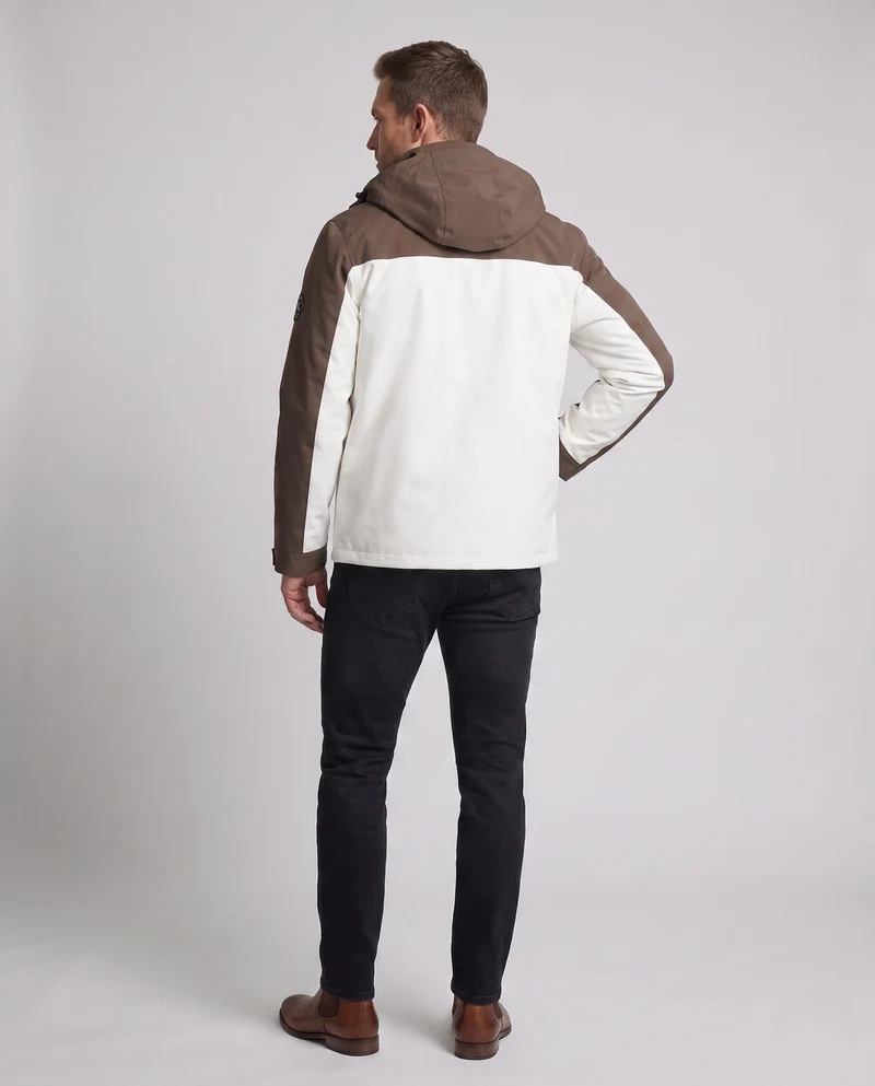 Männer zweifarbige funktionale Feldjacke mit verstellbarer Kapuze, Pattenaschen und winddichter Frontklappe