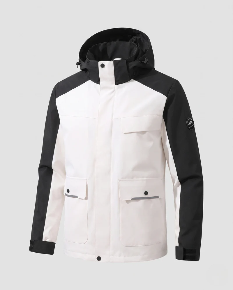 Männer zweifarbige funktionale Feldjacke mit verstellbarer Kapuze, Pattenaschen und winddichter Frontklappe
