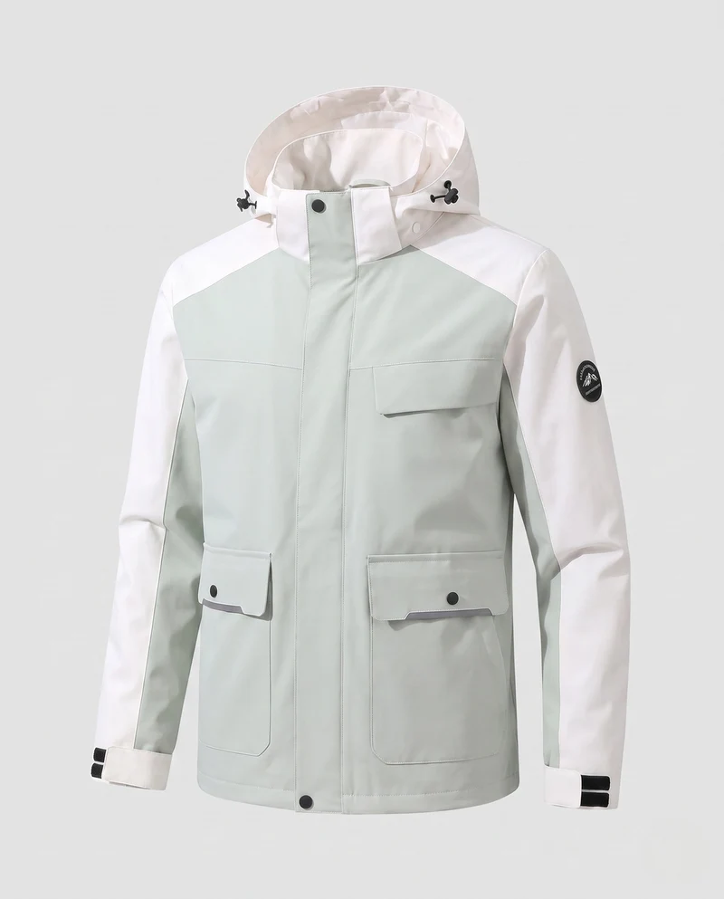 Männer zweifarbige funktionale Feldjacke mit verstellbarer Kapuze, Pattenaschen und winddichter Frontklappe