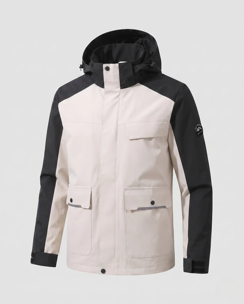Männer zweifarbige funktionale Feldjacke mit verstellbarer Kapuze, Pattenaschen und winddichter Frontklappe