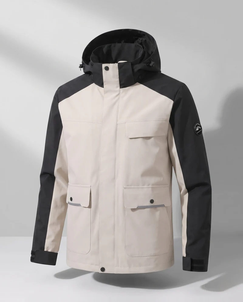 Männer zweifarbige funktionale Feldjacke mit verstellbarer Kapuze, Pattenaschen und winddichter Frontklappe