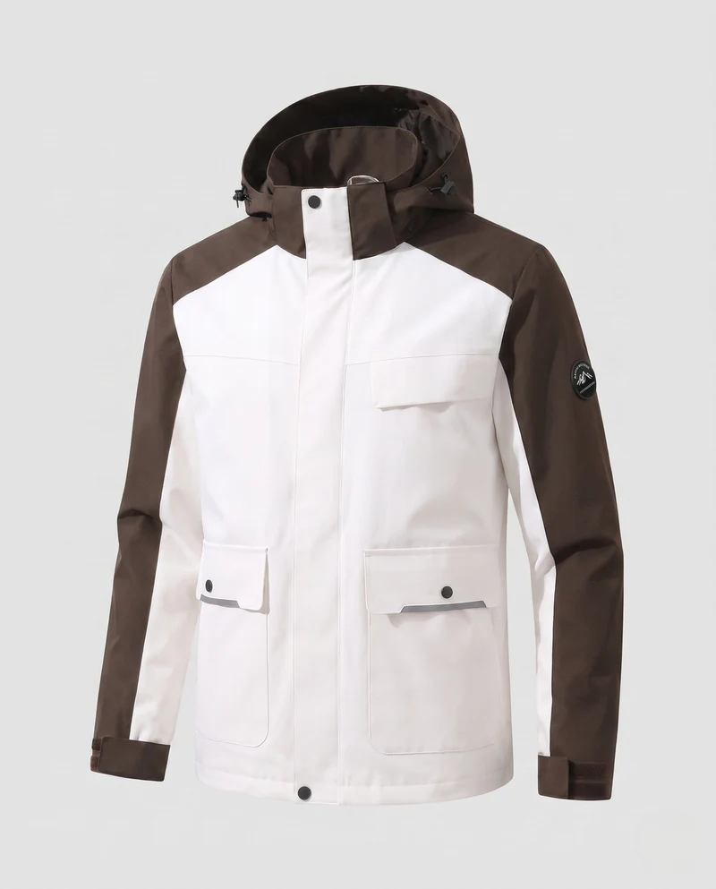 Männer zweifarbige funktionale Feldjacke mit verstellbarer Kapuze, Pattenaschen und winddichter Frontklappe