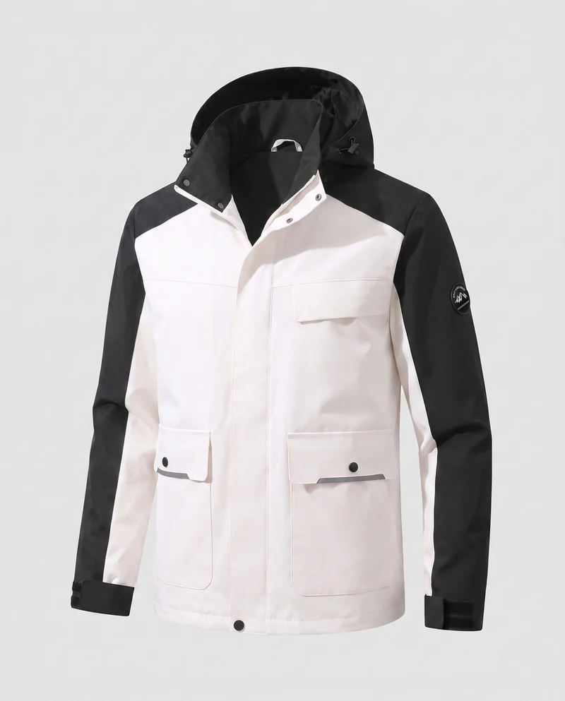 Männer zweifarbige funktionale Feldjacke mit verstellbarer Kapuze, Pattenaschen und winddichter Frontklappe