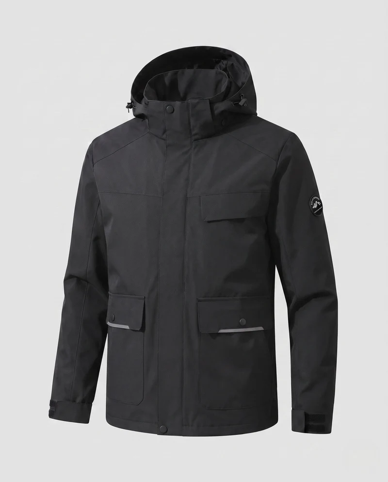 Männer zweifarbige funktionale Feldjacke mit verstellbarer Kapuze, Pattenaschen und winddichter Frontklappe
