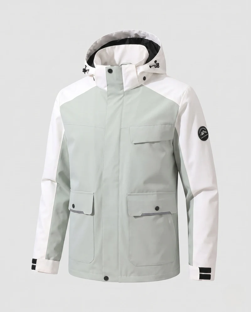 Männer zweifarbige funktionale Feldjacke mit verstellbarer Kapuze, Pattenaschen und winddichter Frontklappe
