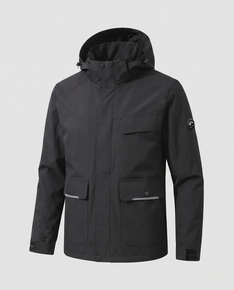 Männer zweifarbige funktionale Feldjacke mit verstellbarer Kapuze, Pattenaschen und winddichter Frontklappe