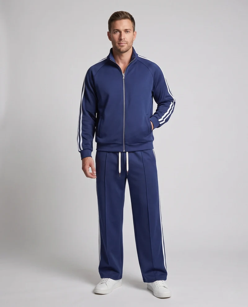 Unisex Sport Freizeit Set mit Stehkragenjacke und breiten Streifenhosen