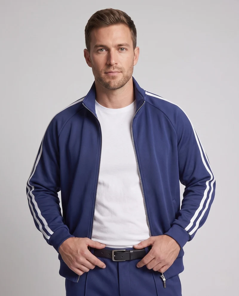 Unisex Sport Freizeit Set mit Stehkragenjacke und breiten Streifenhosen