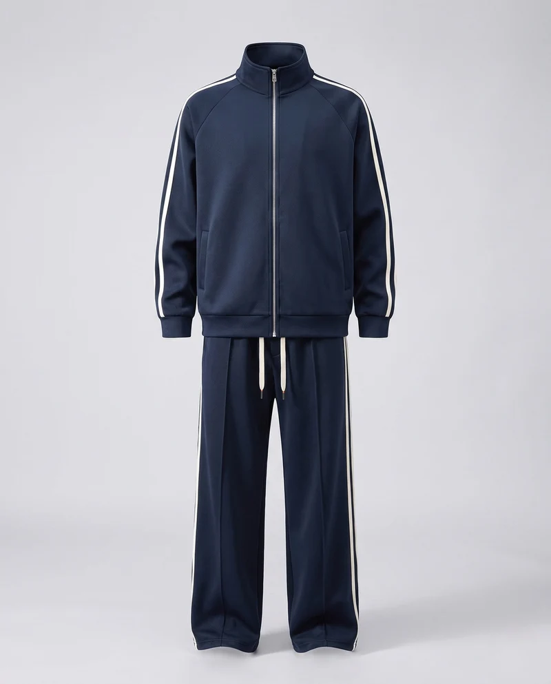 Unisex Sport Freizeit Set mit Stehkragenjacke und breiten Streifenhosen