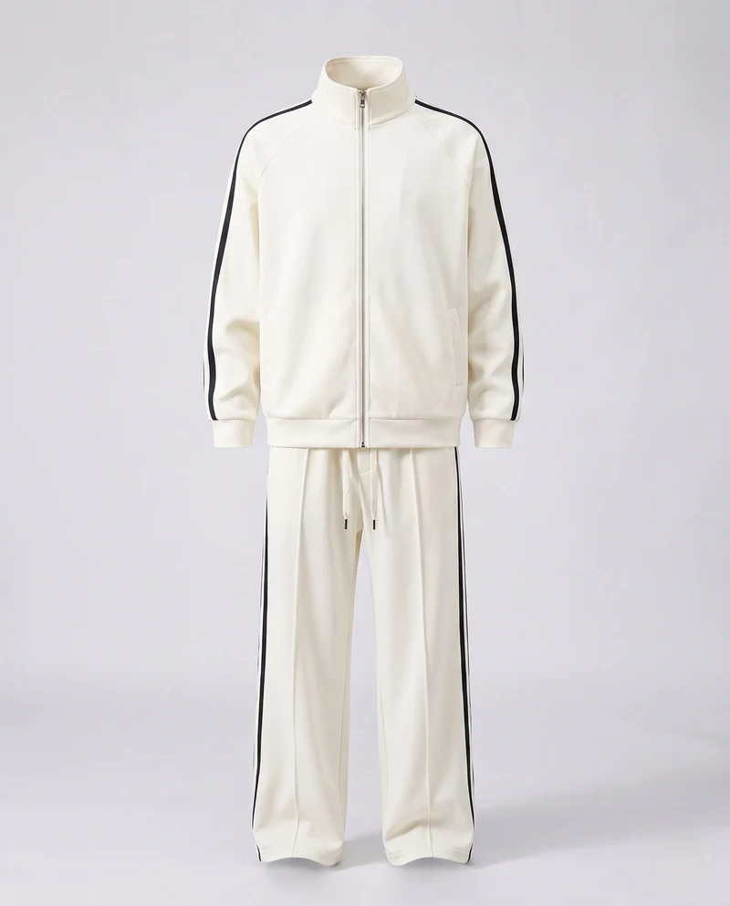 Unisex Sport Freizeit Set mit Stehkragenjacke und breiten Streifenhosen