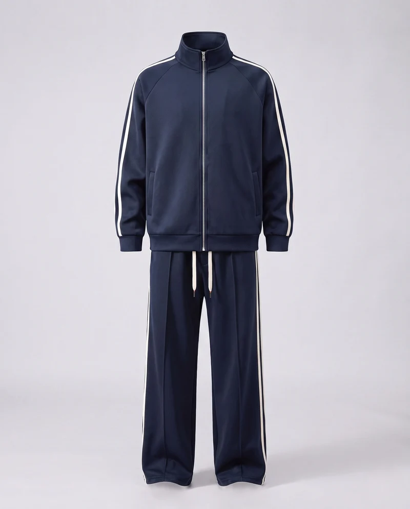Unisex Sport Freizeit Set mit Stehkragenjacke und breiten Streifenhosen