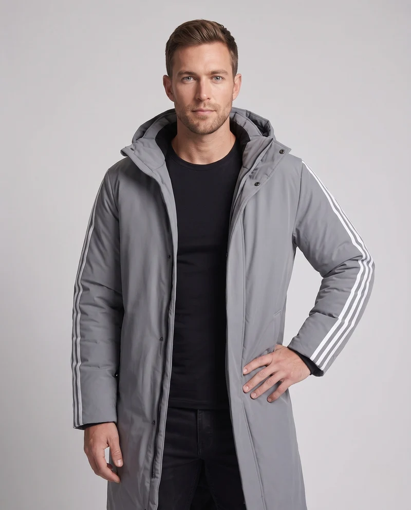 Unisex längerer gesteppter Winterparka mit Kapuze und sportlichen Ärmelstreifen