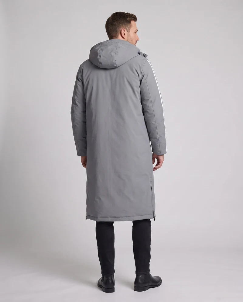 Unisex längerer gesteppter Winterparka mit Kapuze und sportlichen Ärmelstreifen