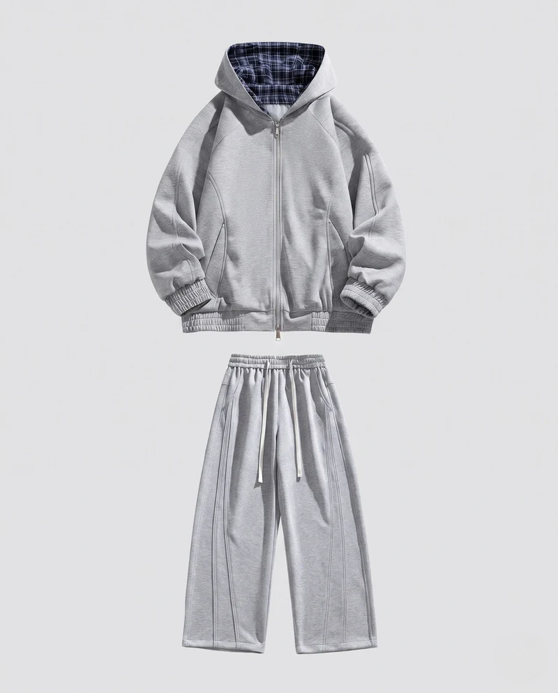 Unisex lässiges zweiteiliges Sweatset mit gefütterter Kapuze, geradem Bein und elastischem Kordelzugbund