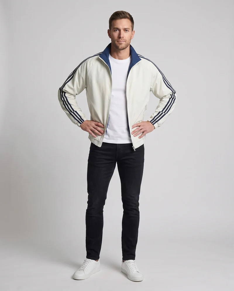 Unisex wendbare Sportjacke mit Wendedesign, Stehkragen, durchgehendem Reißverschluss und auffälligen Ärmelstreifen