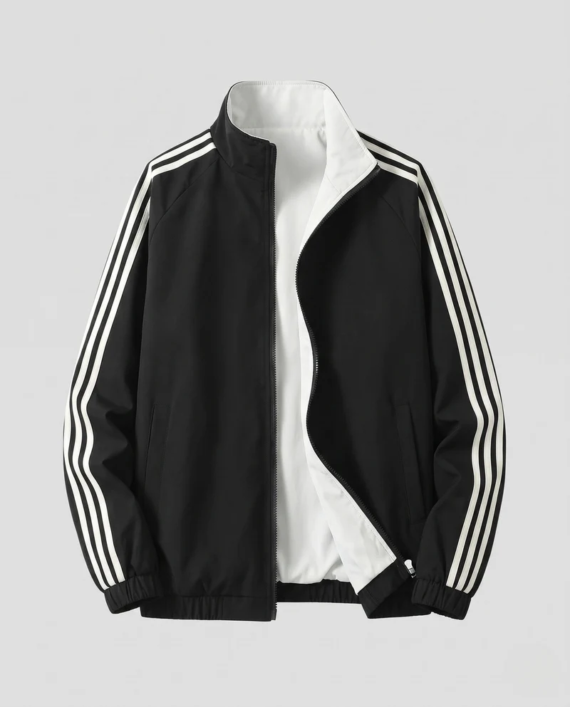 Unisex wendbare Sportjacke mit Wendedesign, Stehkragen, durchgehendem Reißverschluss und auffälligen Ärmelstreifen