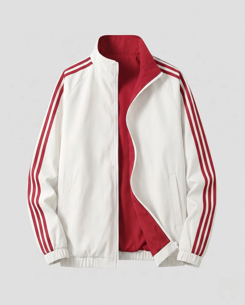 Unisex wendbare Sportjacke mit Wendedesign, Stehkragen, durchgehendem Reißverschluss und auffälligen Ärmelstreifen