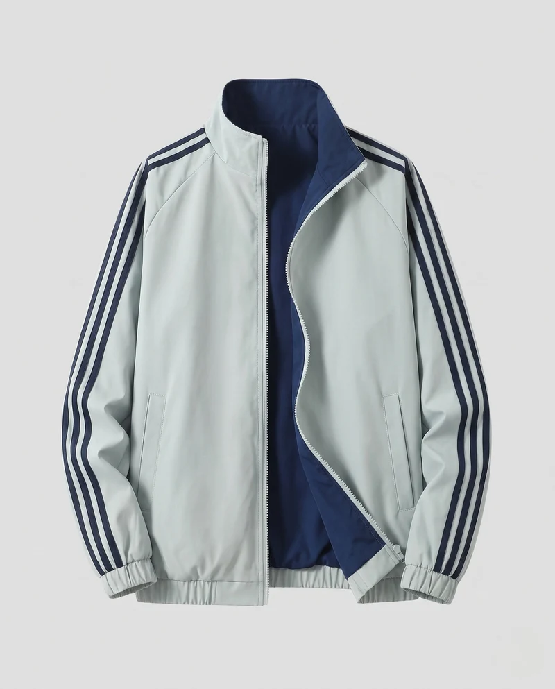 Unisex wendbare Sportjacke mit Wendedesign, Stehkragen, durchgehendem Reißverschluss und auffälligen Ärmelstreifen