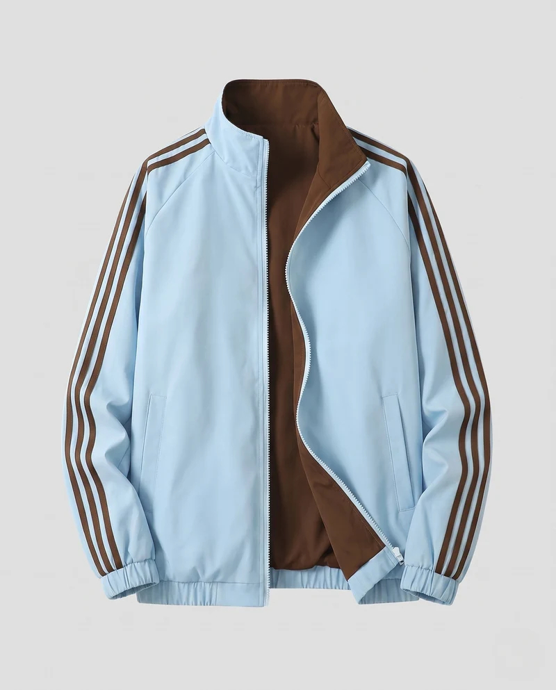 Unisex wendbare Sportjacke mit Wendedesign, Stehkragen, durchgehendem Reißverschluss und auffälligen Ärmelstreifen
