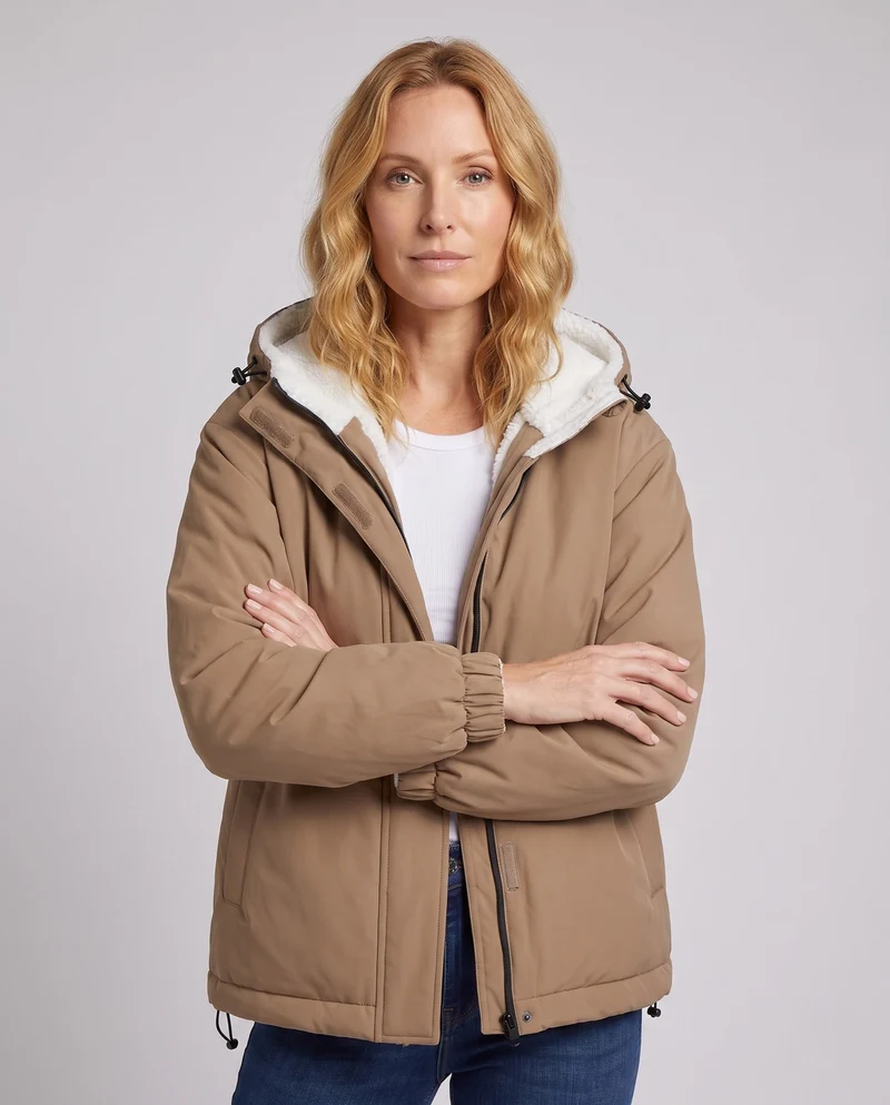 Unisex gepolsterter Hoodie mit Teddy-Fleece-Futter, verdecktem Frontverschluss und verstellbarem Saum