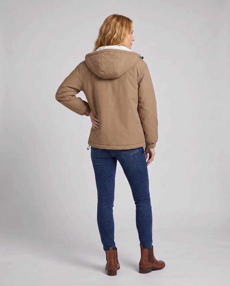 Unisex gepolsterter Hoodie mit Teddy-Fleece-Futter, verdecktem Frontverschluss und verstellbarem Saum