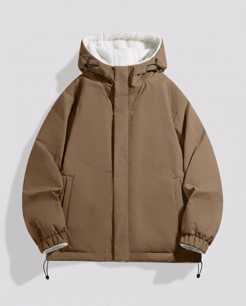 Unisex gepolsterter Hoodie mit Teddy-Fleece-Futter, verdecktem Frontverschluss und verstellbarem Saum
