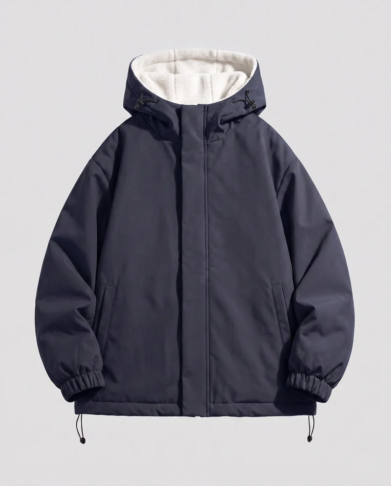 Unisex gepolsterter Hoodie mit Teddy-Fleece-Futter, verdecktem Frontverschluss und verstellbarem Saum